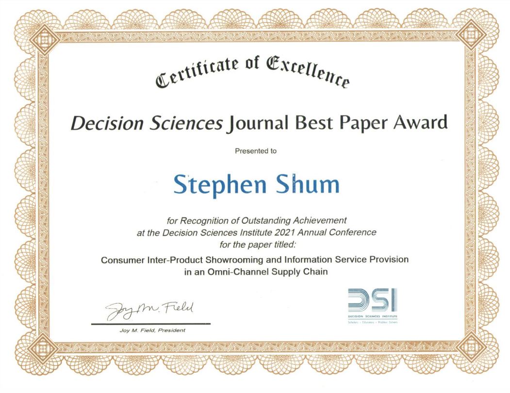 Professor Stephen Shum wins Decision Sciences Journal Best Paper Award