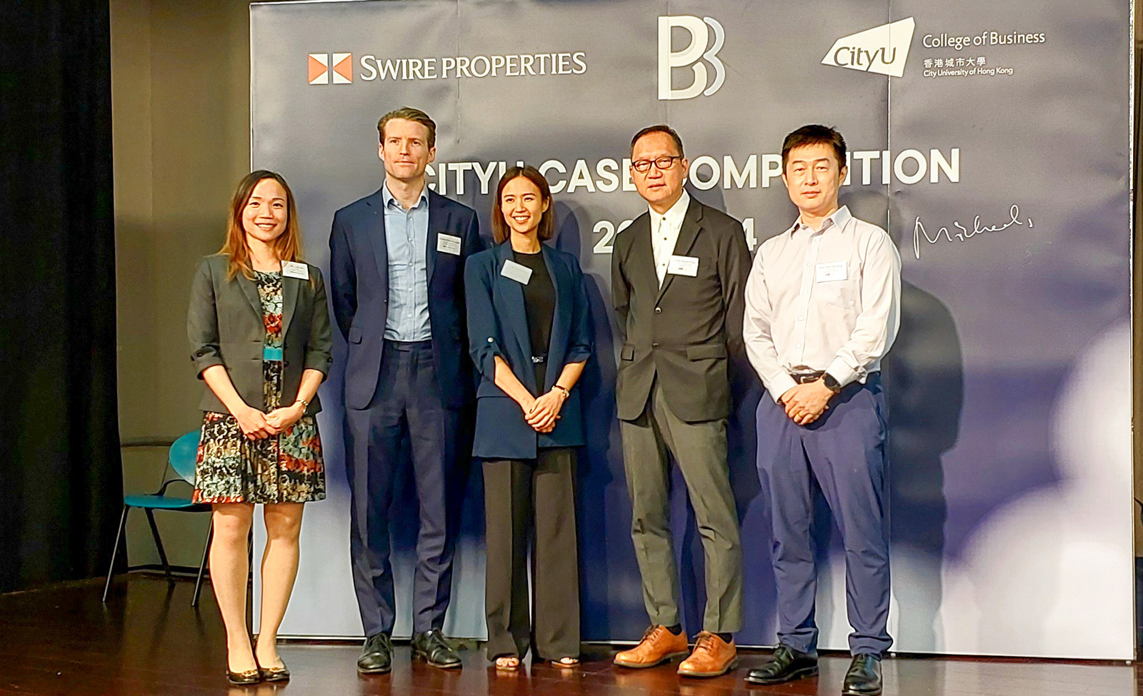 (From left) Vicky Au, David Poraj-Wilczynski, Rossella Chu, Professor Michael Wong and Professor Huazhong Zhao