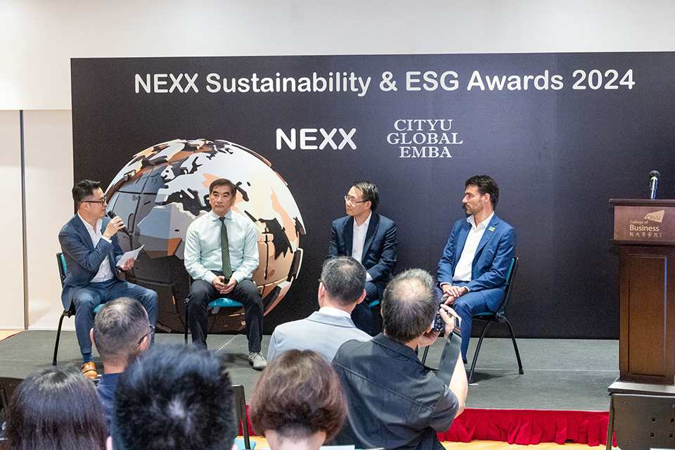 (From left) Mr Victor Cheng, Director (Sustainability) of Hong Kong-Shenzhen Innovation and Technology Park Ltd; Professor Felix Chung, Founder & CEO of Hong Kong Carbon Trading Centre; Mr Wilson Kwong, Chief Executive of Hactl, and Mr Paul Tirvaudey, Managing Director of Hong Kong Tramways Limited share their insight at the panel discussion “Driving Business Excellence through Sustainability Innovative ESG Strategies for Growth and Profitability”.