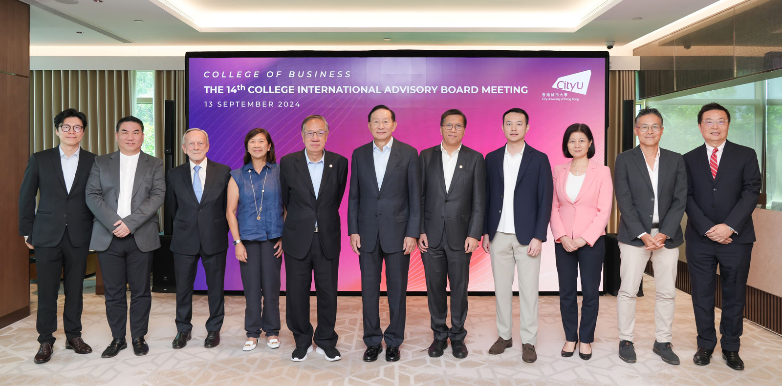 (From left) Mr Henry Ko, Mr Kenny Koo, Dr James Thompson, Ms Teresa Yang, Professor Albert Ip, Dr Peter Wong, Dean Kalok Chan, Mr Kai-man Fok, Ms Fangfang Chen, Mr Joseph Luc Ngai and Mr Alfred Chuang, gather to share their insights with the College management.