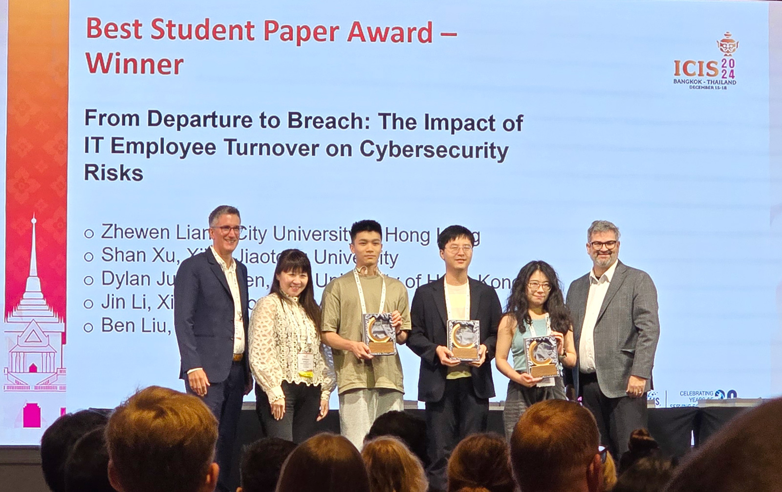 Congratulations to our PhD students (from left to right): Dylan Chen, Zhewen Liang and Shan Xu for receiving the Best Student Paper Award at ICIS 2024.