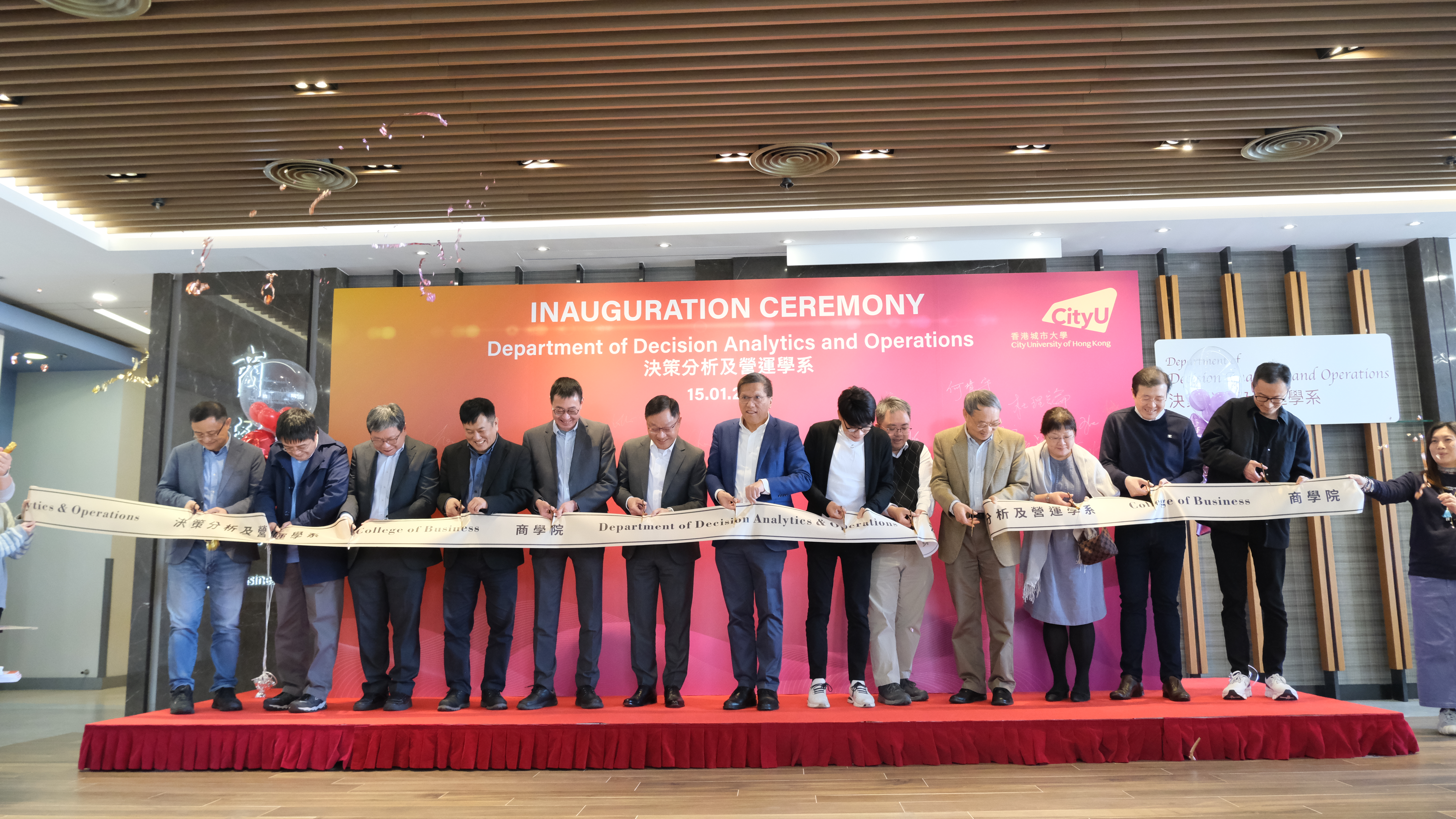 Ribbon-cutting ceremony officiated by guests with DAO’s DAC members, CB Dean, CB Associate Deans and fellow Department Heads to commemorate the inauguration of the Department of Decision Analytics and Operations.
