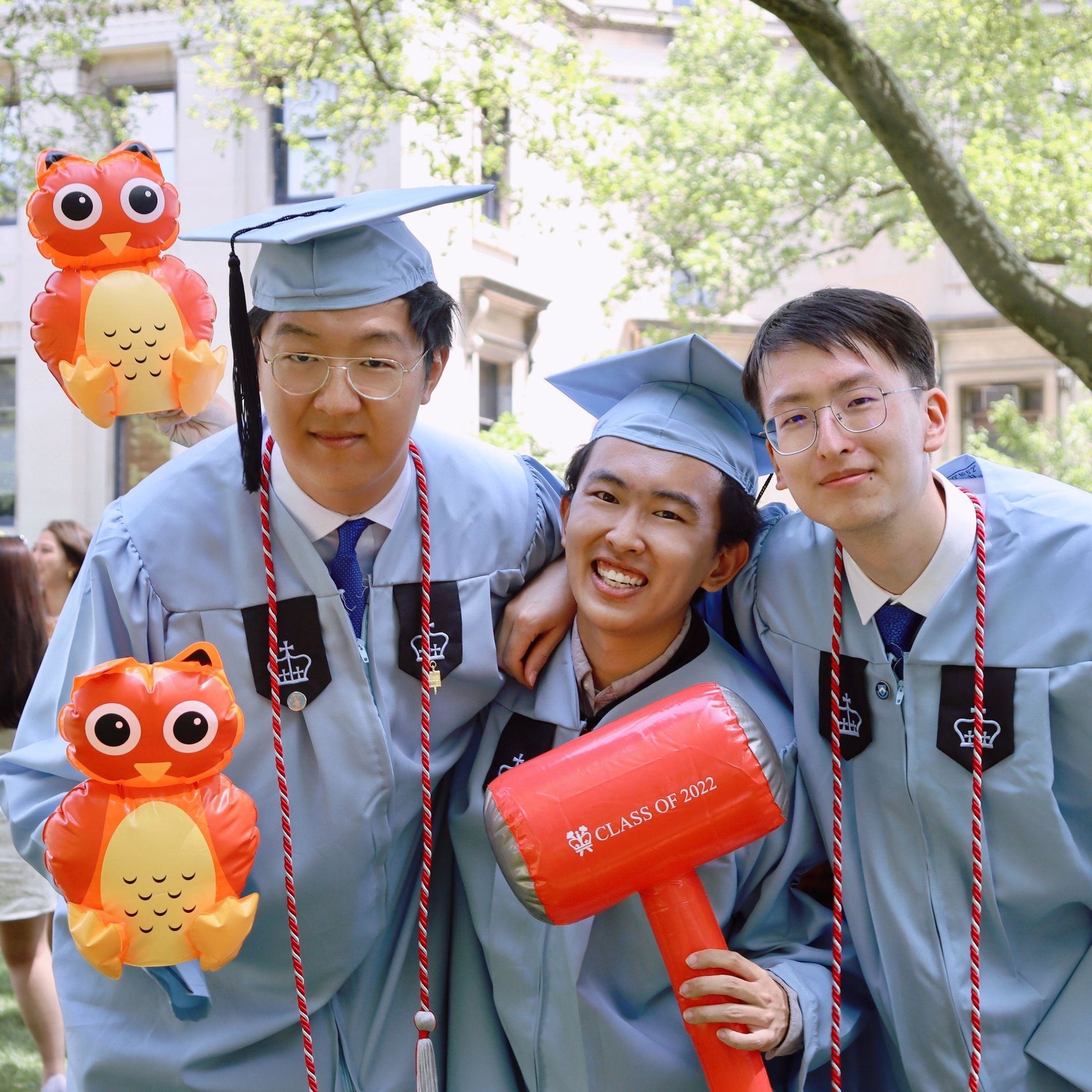 Happy graduation! Frank, me, and Harry had a wonderful time when laughing and holding our college mascots at our graduation ceremony.